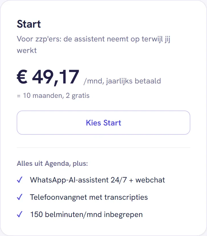 De kaart van Start op jaarlijks: het bedrag per maand, met daaronder dat je tien maanden betaalt en twee gratis krijgt