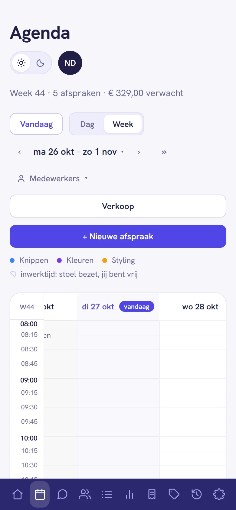 De weekweergave op een telefoon, verschoven naar de dag van vandaag
