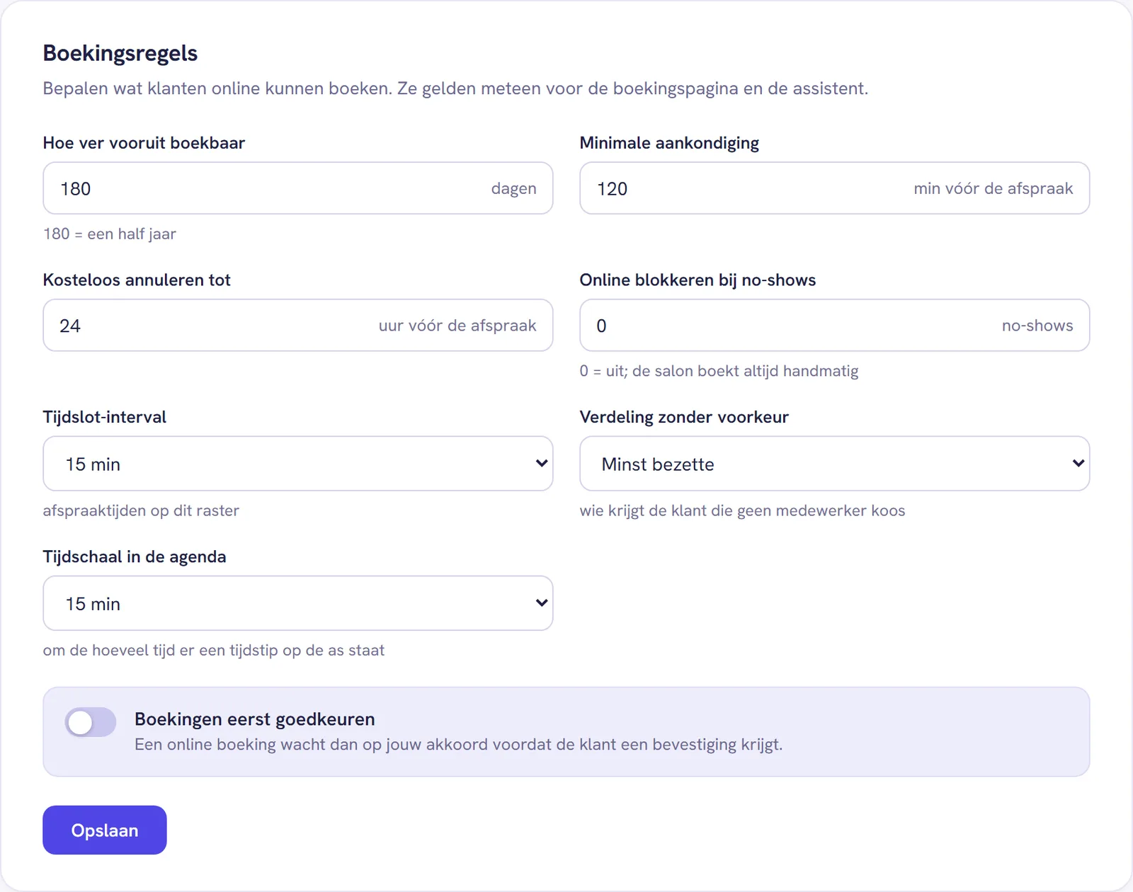 Het blok Boekingsregels met het veld Tijdschaal in de agenda en de schakelaar Boekingen eerst goedkeuren
