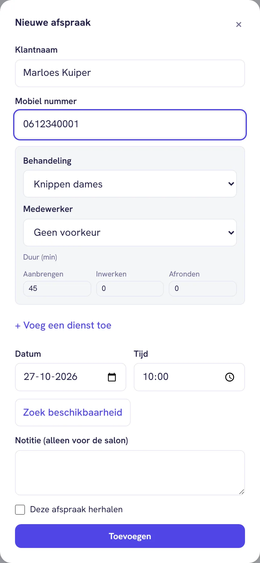 Het venster Nieuwe afspraak met Klantnaam, Mobiel nummer, Behandeling, Medewerker, Duur, Datum en Tijd