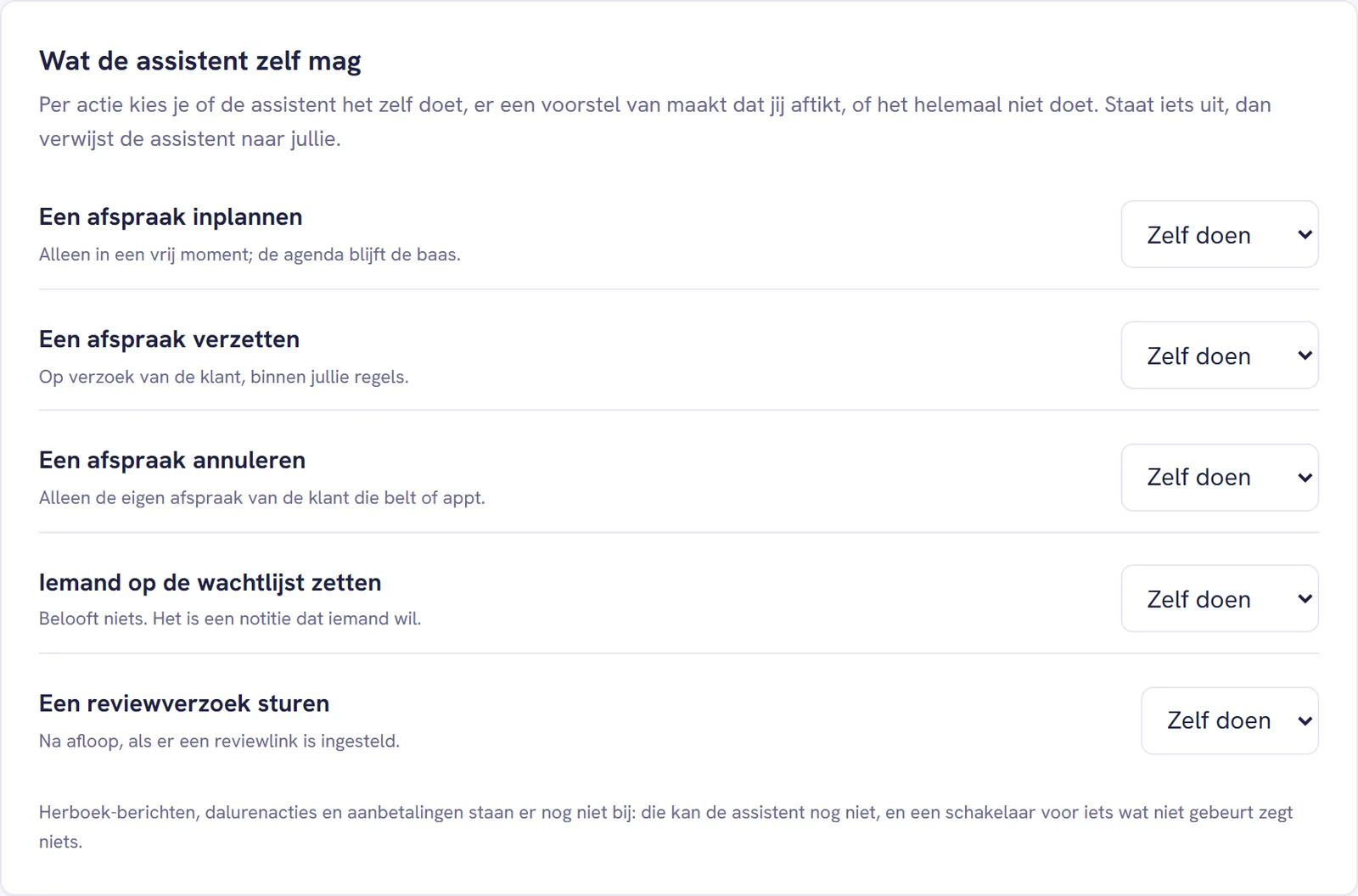 De kaart Wat de assistent zelf mag met vijf acties, elk met een korte uitleg en een keuzelijst met de stand