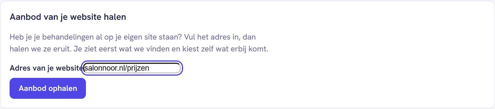 Het blok Aanbod van je website halen met een webadres ingevuld en de knop Aanbod ophalen