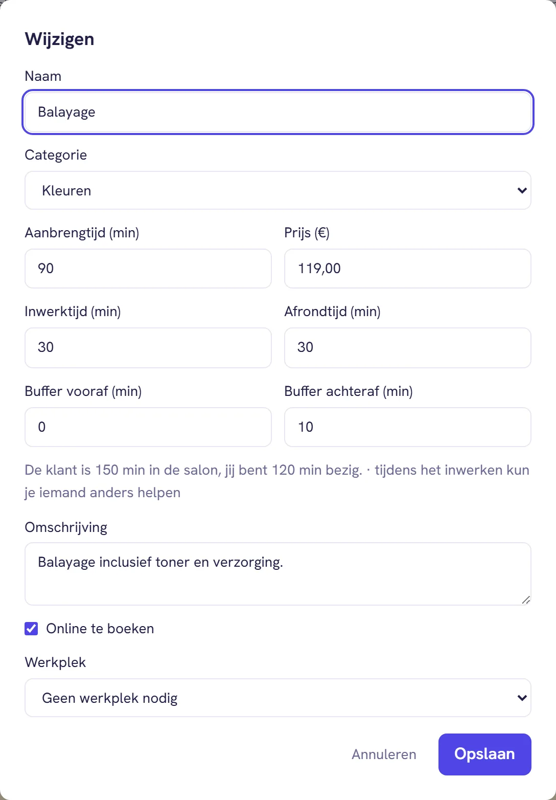 Het venster Wijzigen van de behandeling Balayage, met tijden, prijs, omschrijving en het vinkje Online te boeken