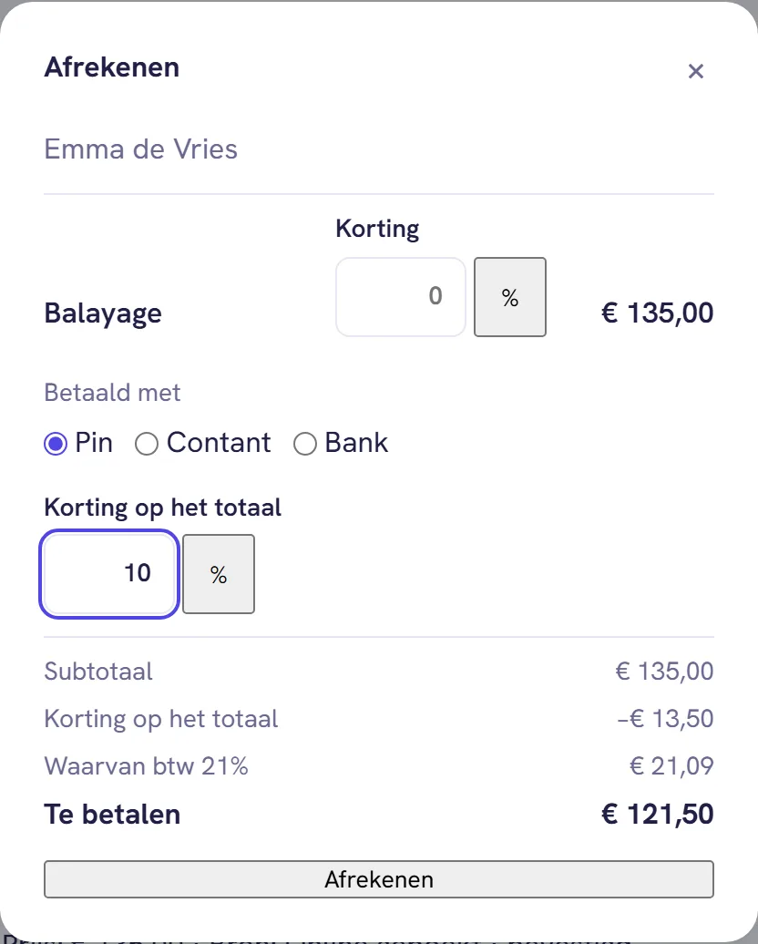 Het afrekenvenster van een afspraak met 10 procent bij Korting op het totaal, en daaronder Subtotaal, de korting en Te betalen