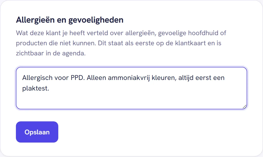 Het vak Allergieën en gevoeligheden met een ingevulde allergie voor PPD en de knop Opslaan
