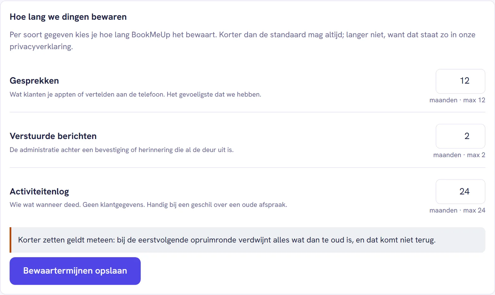 Het blok Hoe lang we dingen bewaren met drie velden voor Gesprekken, Verstuurde berichten en Activiteitenlog