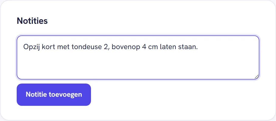 Het vak Notities met een notitie over knippen in het tekstveld en de knop Notitie toevoegen