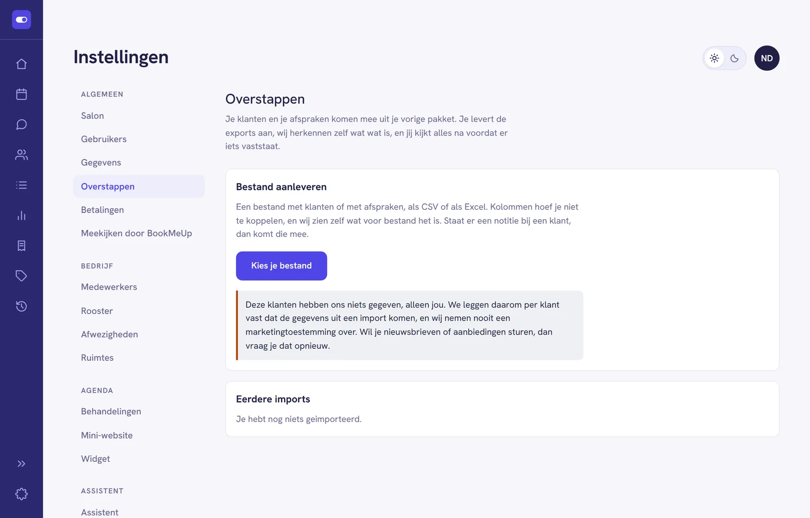 Het scherm Overstappen onder Instellingen, met het blok Bestand aanleveren en de knop Kies je bestand