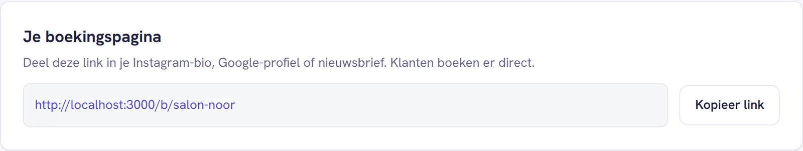 De kaart Je boekingspagina met het adres van de pagina en de knop Kopieer link