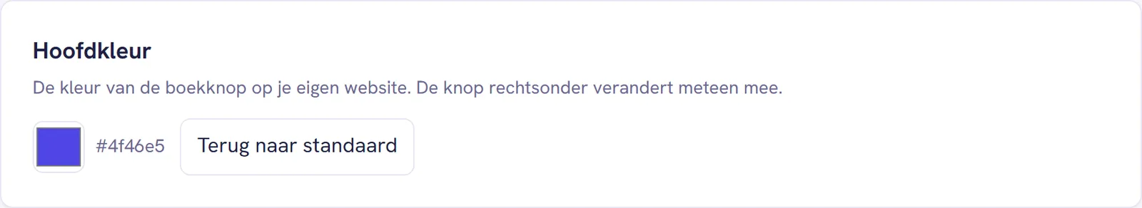 De kaart Hoofdkleur met het kleurvak, de kleurcode en de knop Terug naar standaard