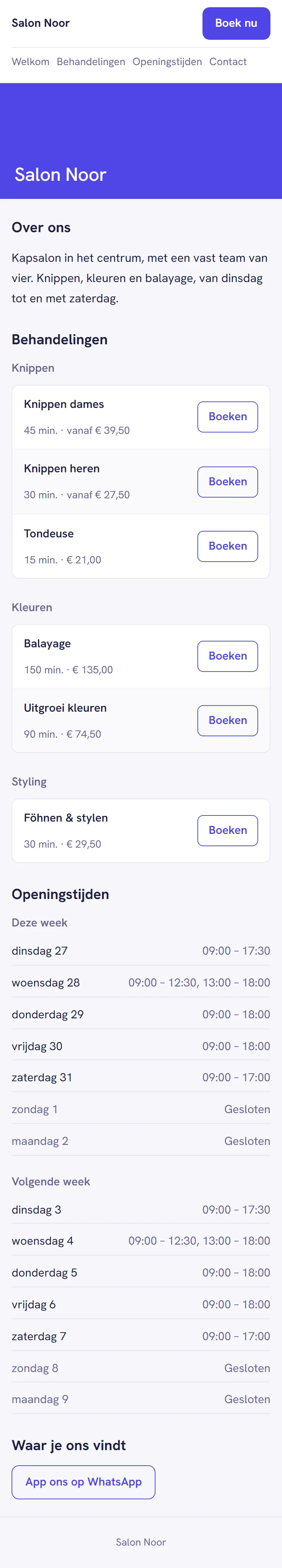 Dezelfde boekingspagina op een telefoon, met de blokken onder elkaar