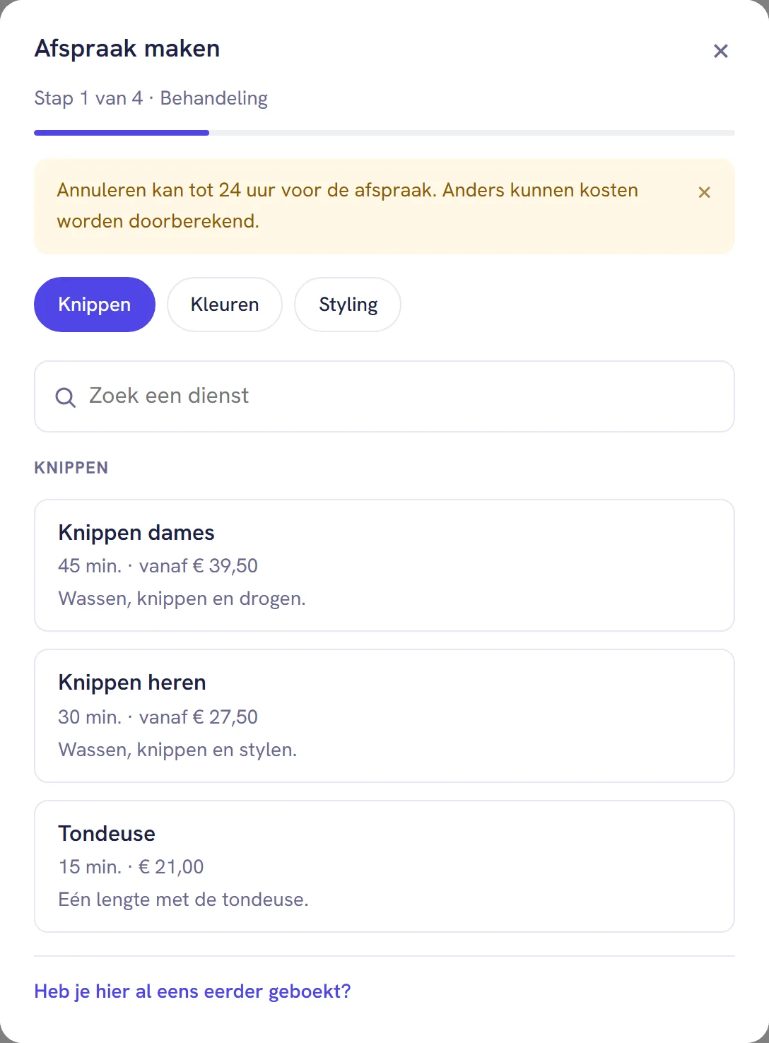 Het boekvenster bij stap 1, met de tabbladen per categorie, een zoekveld en de lijst behandelingen