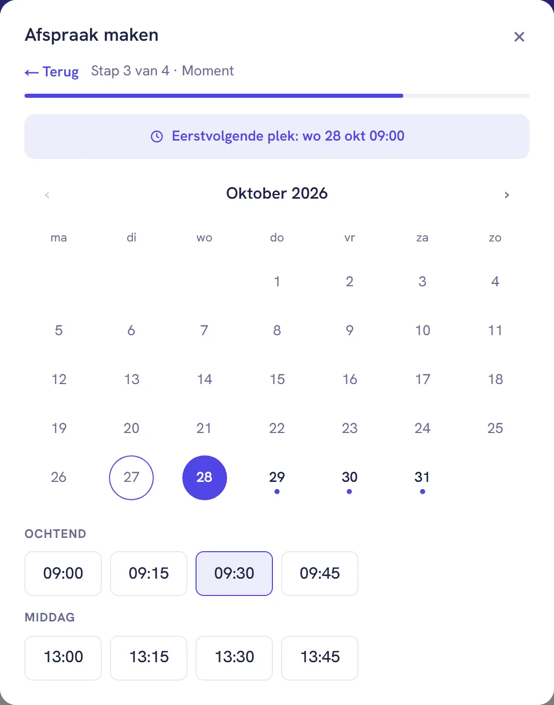 Stap 3 met de knop Eerstvolgende plek, de maandkalender en de tijden van een dag per dagdeel