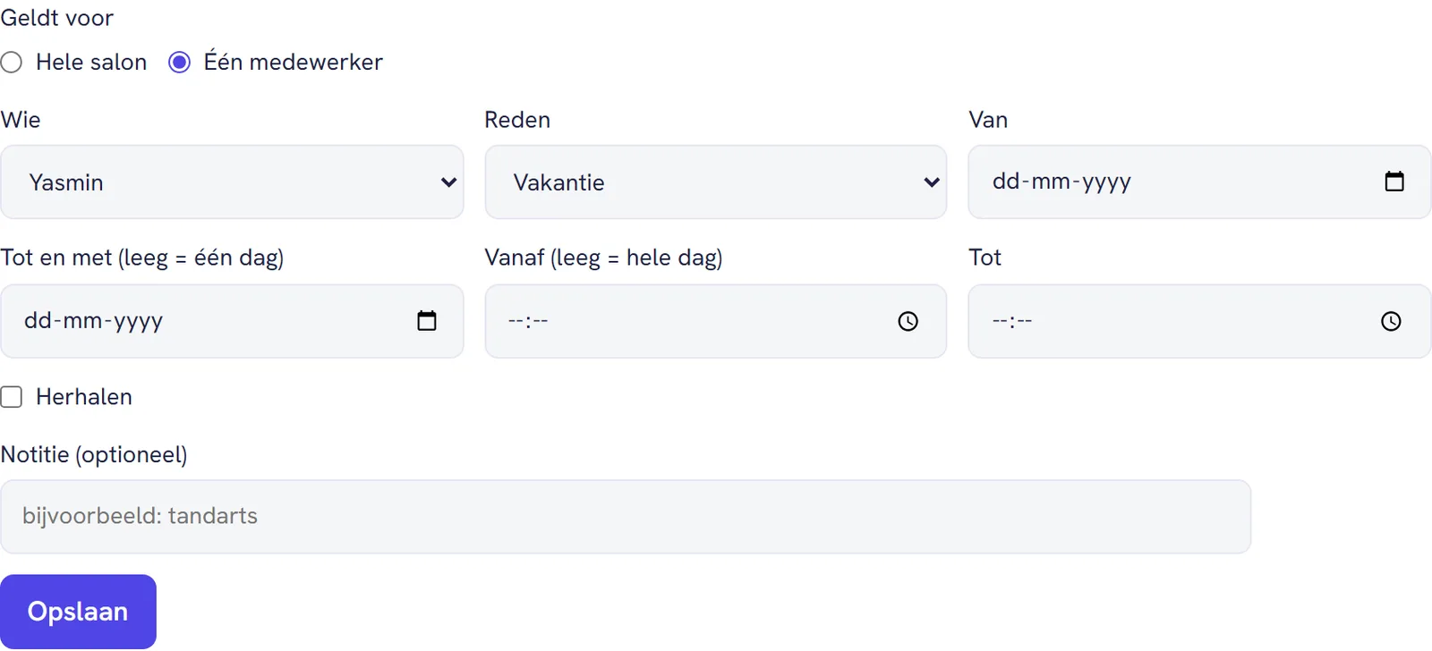 Het formulier Afwezig, bezet of juist extra, met Één medewerker gekozen en de reden Vakantie