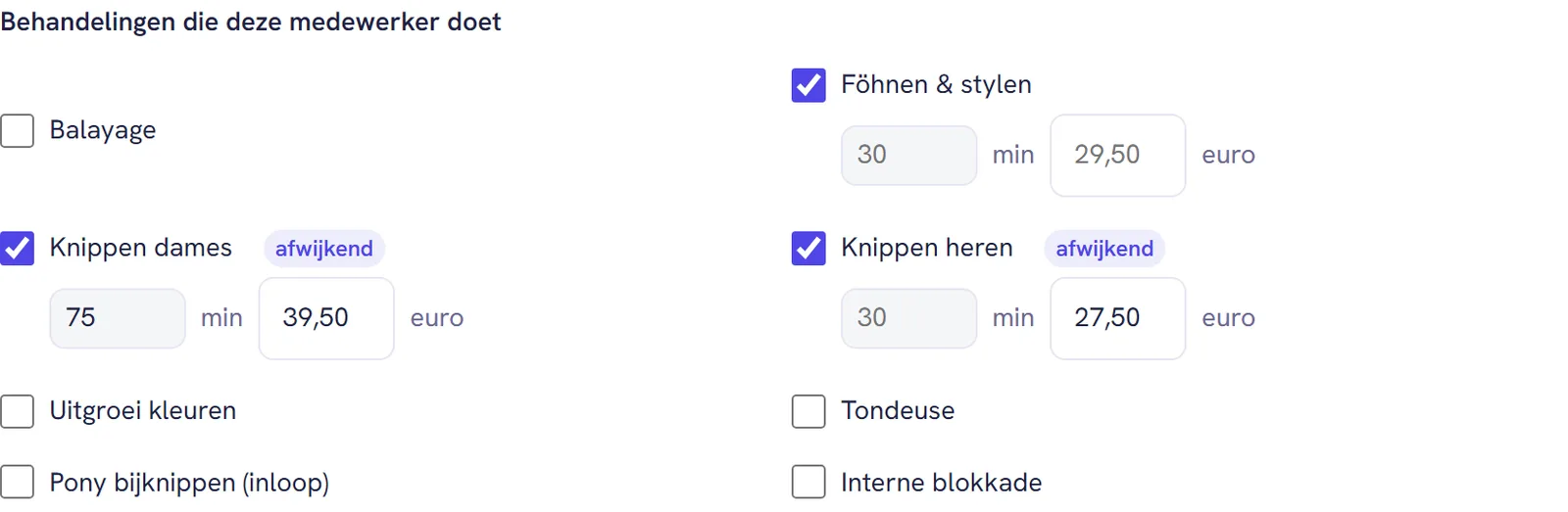 De lijst Behandelingen die deze medewerker doet bij Mila, met Knippen dames, Knippen heren en Föhnen & stylen aangevinkt