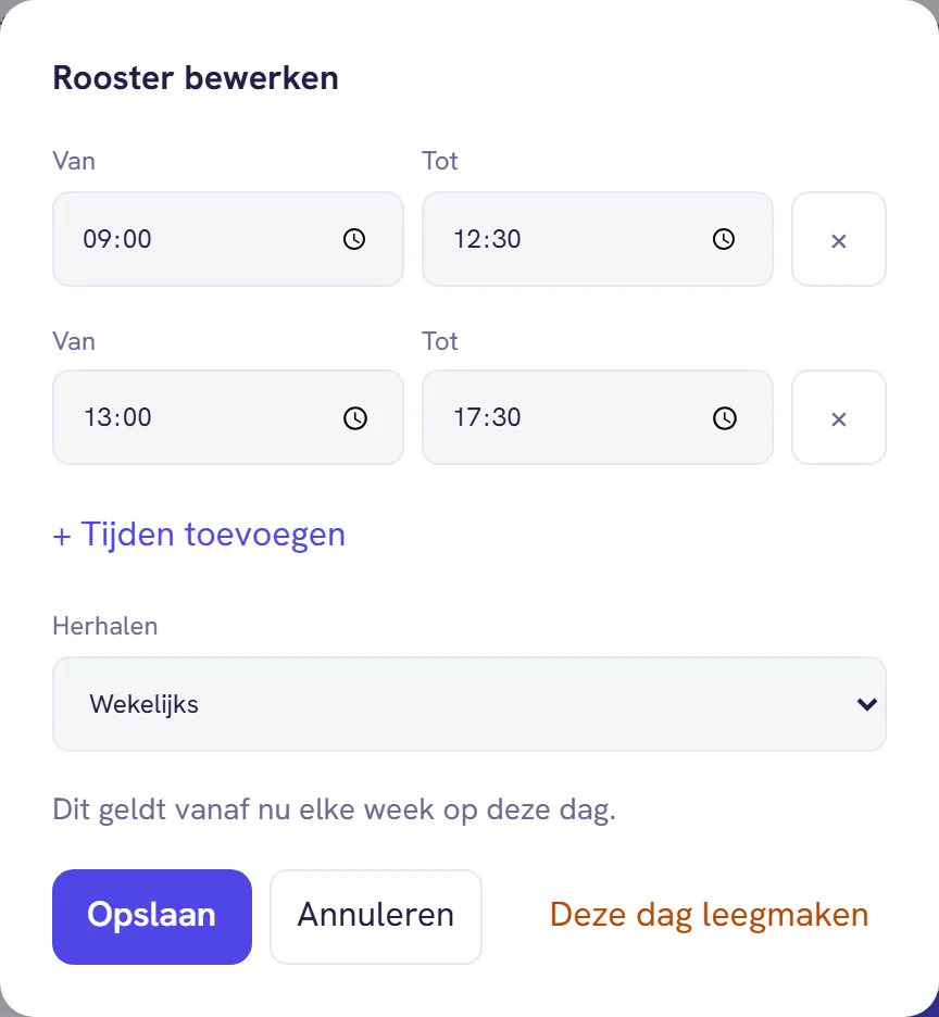 Het venster Rooster bewerken met de velden Van en Tot, Tijden toevoegen en de keuze Herhalen